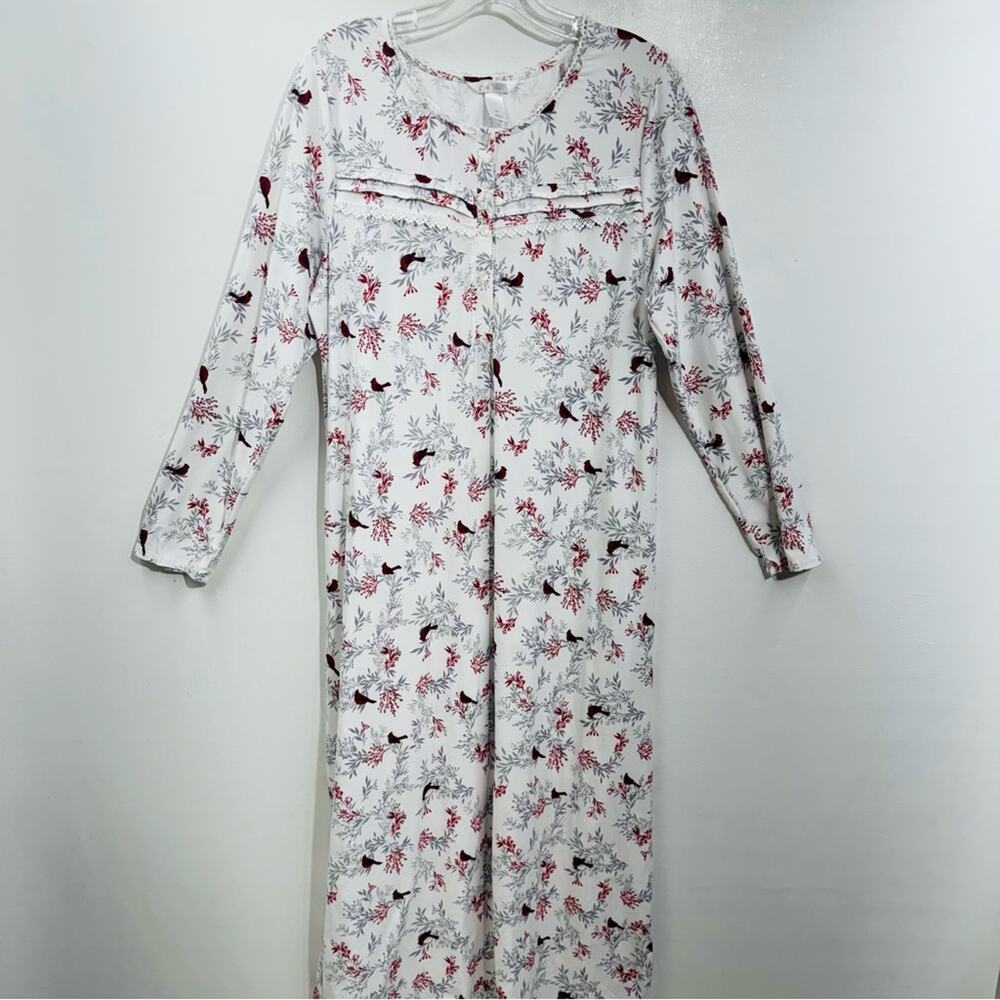 Adonna Sleepwear Nightgown White Red Cardinal Bird Print Long Sleeve Soft Sz M